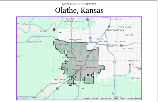 Neighborhood report for Olathe including housing stats, population stats, economic stats, and quality of life stats